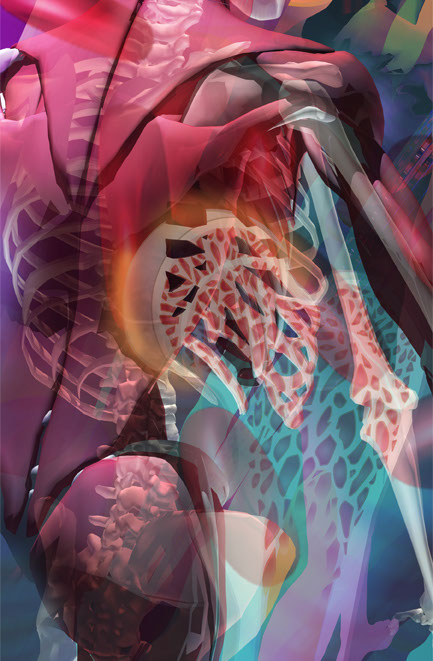 Detail focusing on muscle, bone and structure of the body from fabric panel installation for UCSD Biomedical Library.