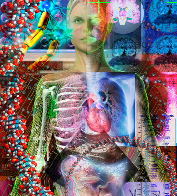 Large hanging panel incorporating elements of the past to future of medical visualization.medical visualization; xray; Leonardo de Vinci; DNA